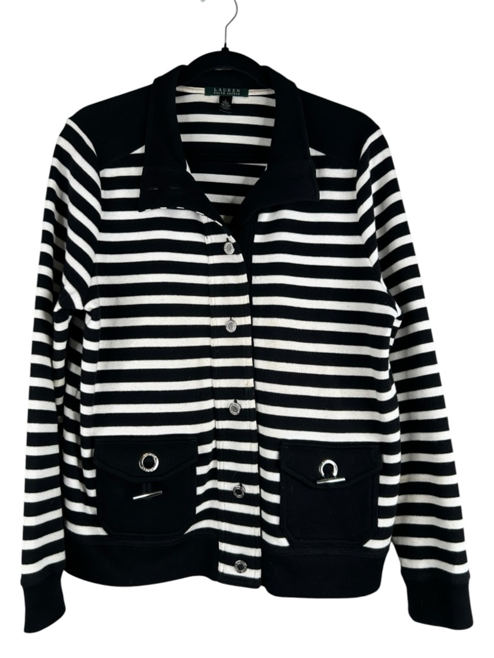 Lauren Ralph Lauren Black & White Stripe Knit Nautical Button Down Sweater Sz L - Picture 2 of 6